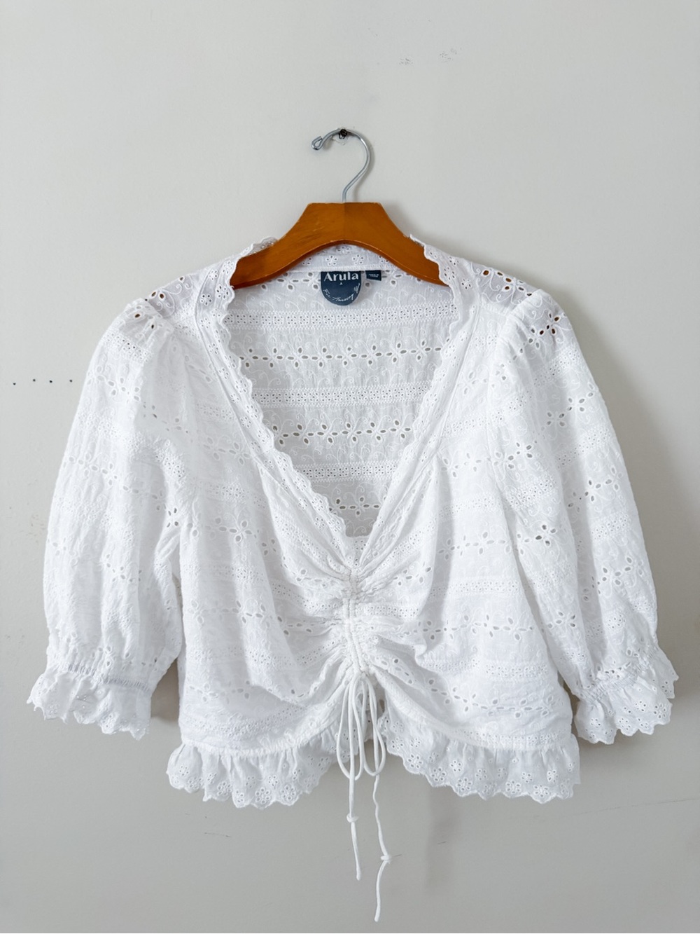 Arula White Eyelet Lace Ruched Tie Front Puff Sleeve Cottagecore Blouse
